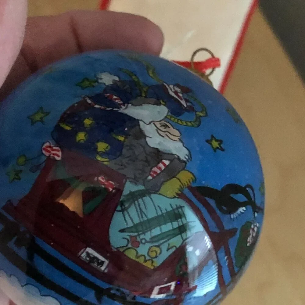 Vintage Bien Hand Painted Santa Sleigh Reindeer 1990's Christmas Glass Ornament